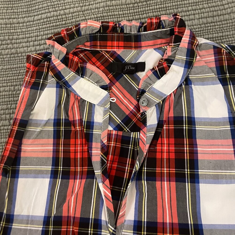 JCrew Button and Ruffle Neck Shell in Holiday Plaid